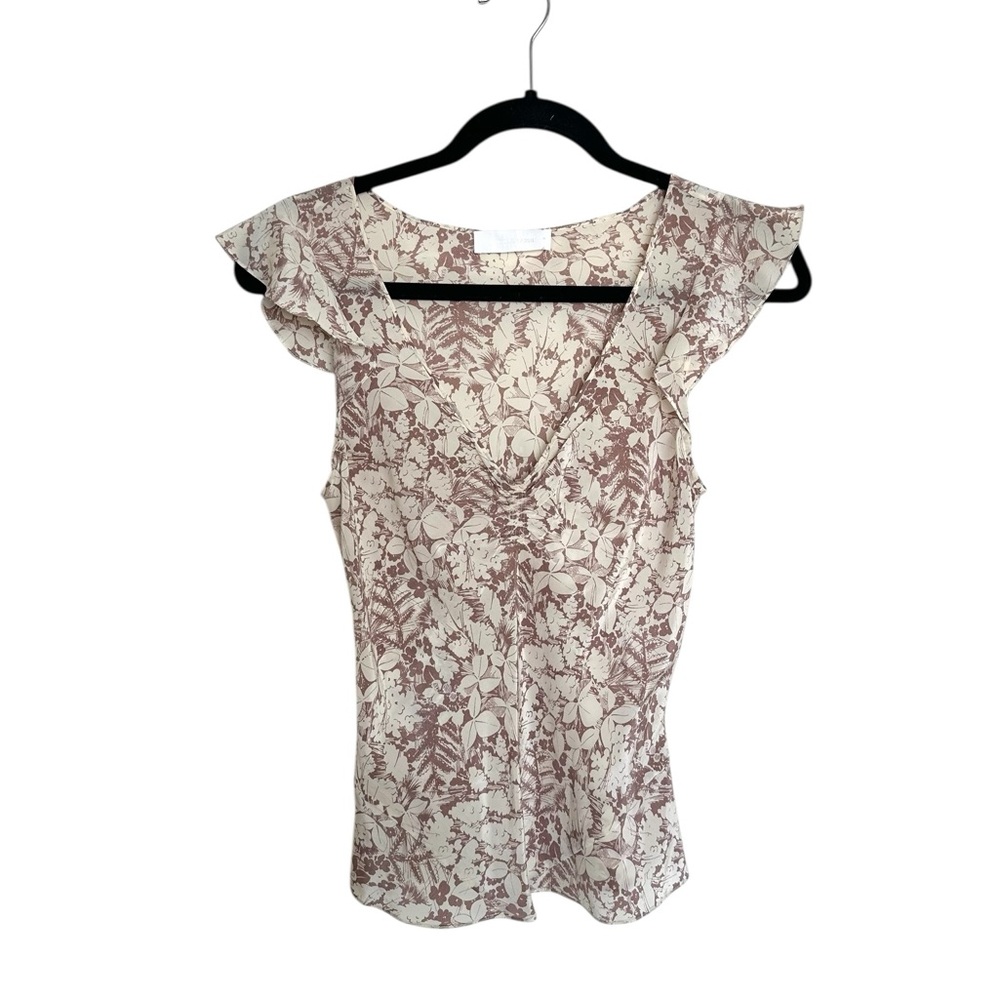 Nicole Farhi Silk Floral Ruffle Sleeve Top - Cream and Mauve Pink